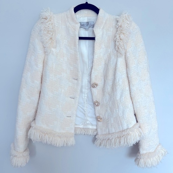🍭 Worth Tweed Suit Cream w/fringe pearl and jeweled buttons Size 4 - Picture 2 of 9